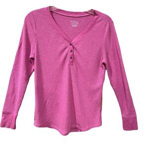 TIME & TRU Womens Henley Shirt Waffle Thermal Y2K Gilbert V Neck Pink Preppy M